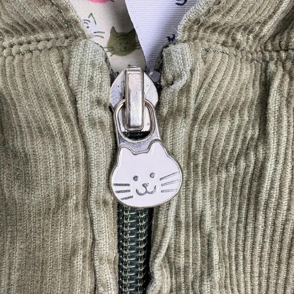 VTG Y2K Gap Kids Cat Print Corduroy Jacket Girls Sz S Olive Green‎ Cat Zipper